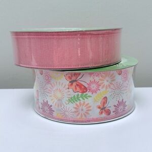 New Premium wired edge ribbon, 50 yds x2, 1- solid pink & 1- floral w/butterfly